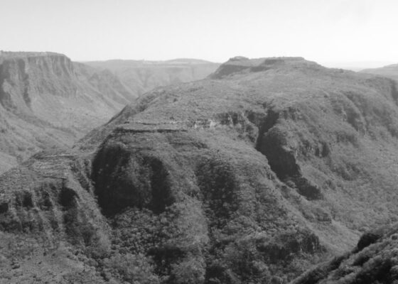 Black and white panoramic view of Barranca de Huentitan canyon in Guadalajara