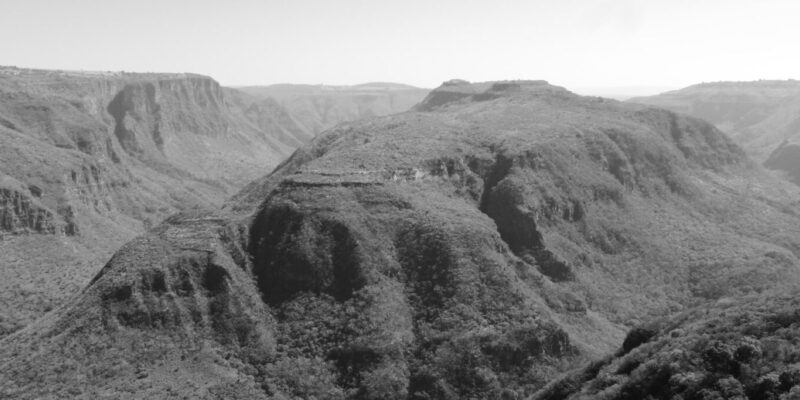 Black and white panoramic view of Barranca de Huentitan canyon in Guadalajara
