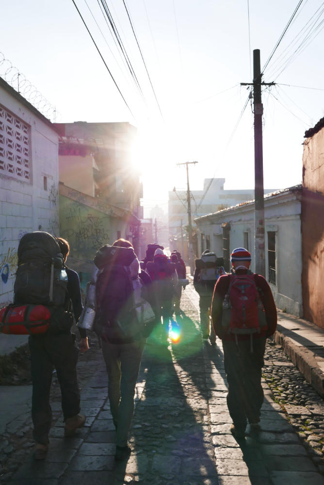 Early in the morning: making our way to the chicken bus through the streets of Xela