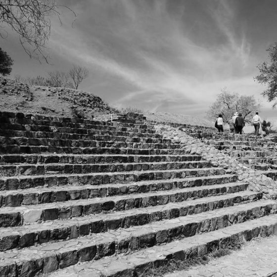 Stairs towards the Monte Alban archaelogical ruins near Oaxaca in Mexico