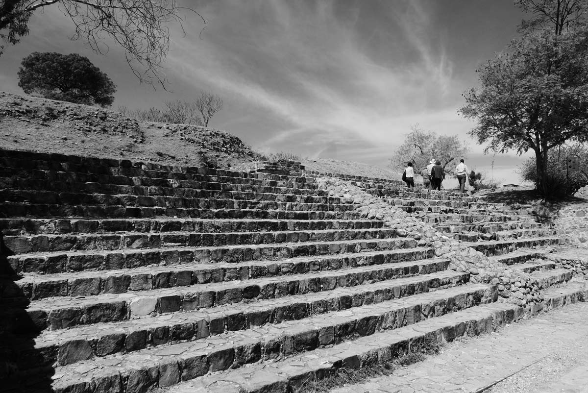 Stairs towards the Monte Alban archaelogical ruins near Oaxaca in Mexico