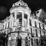 City Hall / Alcaldia of Cuenca by night in black and white